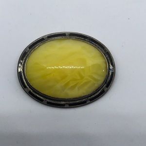 Sterling & Black Enamel Framed Yellow Brooch